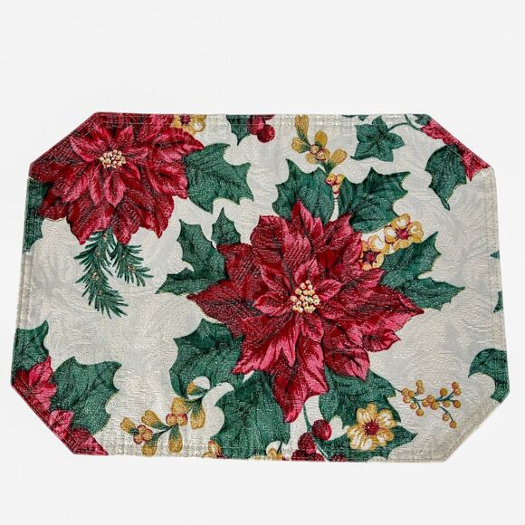 Poinsettia Christmas Placemats Set 4 Cloth Textured Red Green Octagon 16x12 - Picture 3 of 9